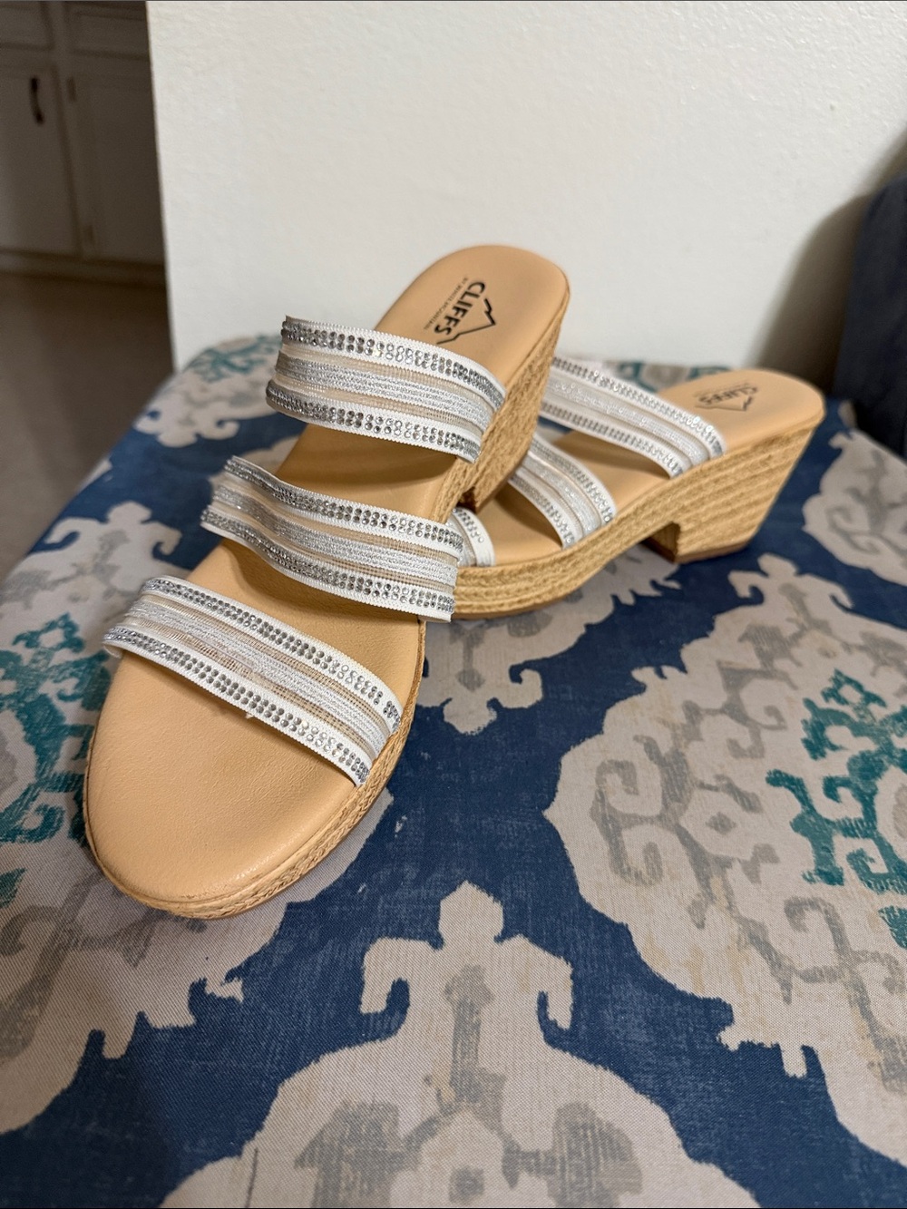 White Mountain Cliffs White Silver Rhinestone Strappy Wedge Sandals